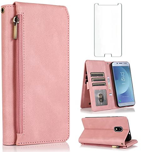 Compatible with Samsung Galaxy J5 Pro 2017 J530 Wallet Case Tempered Glass Screen Protector Zipper Leather Flip Cover Card Holder Stand Cell Accessories for Gaxaly J5pro SM J530F J530G Women Rose Gold