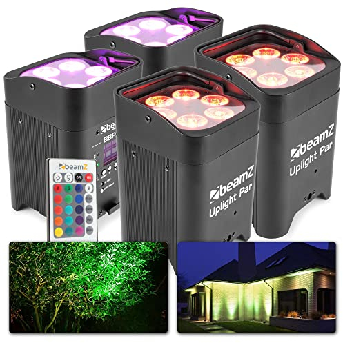 BeamZ BBP96 Uplight 4er Set Akku LED Strahler RGB AW-UV LED Par Spot. 6x12 Watt, Built-In WDMX-Receiver, 16h Akkubetrieb, 6,10 DMX Channels, 0-100% Dimmer, 7000LX, Eazy Link, LCD Display, Schwarz