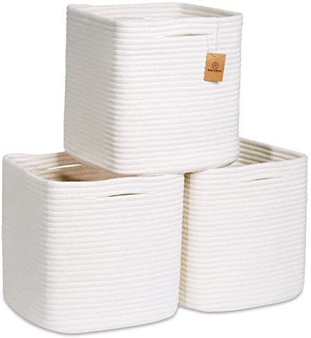 NaturalCozy Storage Cubes 11 Inch Cotton Rope Woven Baskets for Organizing, 3-Pack | Cube Storage Bin | Square Storage Baskets for Shelves Organizer, Classroom, Kids Toy Bins, Closet, Baby Nursery