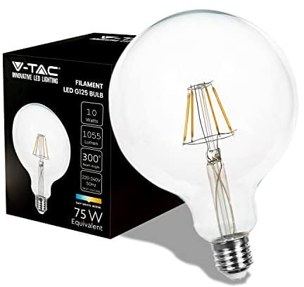 V-TAC Lampadina LED Filamento Globo con Chip Samsung e Attacco E27-10W (Equivalenti a 75W) G120-1055 Lumen - G125 - Lampadine LED Massima Efficienza e Risparmio Energetico - 4000K Bianca Naturale