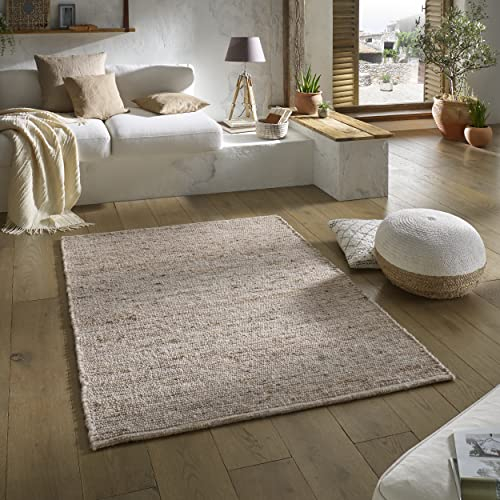 TacaHome Wollteppich Natur Handweb Teppich I Reine Schur-Wolle im Skandinavischen Design I Wohnzimmer Schlafzimmer Esszimmer Kinderzimer Büro | 70 x 130 cm Sand