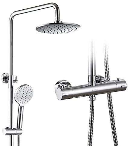 DERBUT Thermostat Brausegarnitur Badezimmer Regendusche System Chrom mit Kopfbrause und Multifunktions-Handbrause Wasserhahn Wandstange Wassersparender Verbrühschutz