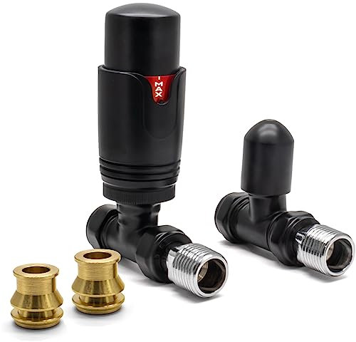 Thermostatic TRV Straight Black Radiator Valves 1/2 x 15mm with Brass Radiator Reducer Compression Valve - 15mm to 10mm