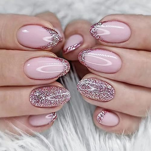 24PCS Short False Nails with Glue Stickers, Ellipse Full Cover Acrylic and Press on Nails no Glue, Pink Glitter French Fake Nails Stick for Women and Girls Nail Art