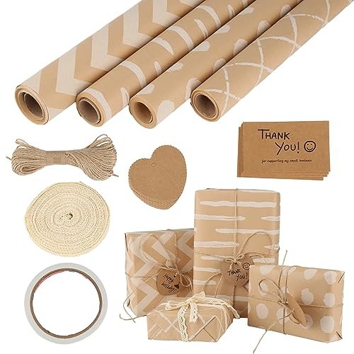 4 Rolle Geschenkpapier, 43x300cm Geschenkpapier Rolle Set mit 1 Klebeband 20m Hanfseil 20 Kraftpapieranhänger Wrapping Paper Packpapier Kraftpapier Rolle für Geburtstag Hochzeit Geschenkverpackung