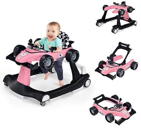 COSTWAY Trotteur Bébé Fille Pliable 4 en 1 avec 3 Hauteur Réglable, Trotteur Marche Bébé Garçon Évolutif avec Musique & Lumière, Roues Silencieuses, 5 Patins Antidérapants pour 6-18 Mois(Rose)