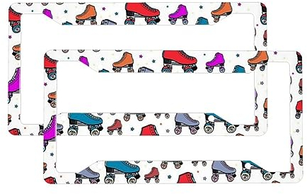 Retro Roller Skates Bunte Kennzeichenrahmen 2 Stück Set Nummernschildhalter mit 4 Löchern Aluminium Auto Nummernschild Rahmen Autos Dekor Zubehör Passend für Standard US-Fahrzeuge Größe 31,2 x 15,2 cm