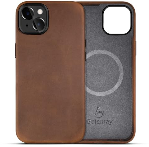 Belemay Crazy Horse Leather Case for iPhone 13, Compatible with MagSafe | Full Grain Waxed Pull-Up Leather, Unique Patina, Warm Touch, Metal Buttons & Raised Camera Bezel, Slim Fit, Vintage Brown