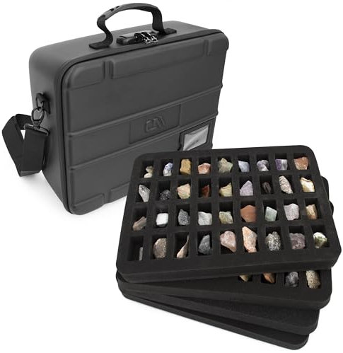 CASEMATIX Rock Collection Reisekoffer mit programmierbarem Schloss – 144 Slots Rock Collection Box mit vier schützenden Schaumstoffschalen, Kristallaufbewahrung und Reisetasche mit Schultergurt und