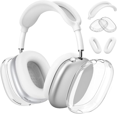3-in-1 Silikon-Schutzhülle, kompatibel mit Apple Airpods Max Kopfhörern (2024/2020), klare weiche TPU-Ohrmuschel-Abdeckung, Silikon-Ohrpolster, Kopfband-Abdeckung, Zubehör (durchsichtiges Weiß B)