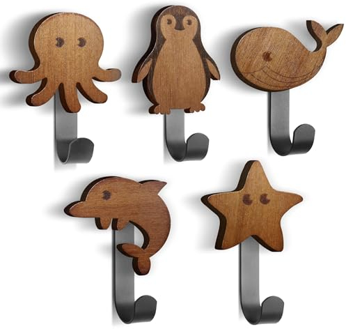 BIROYAL Kindergarderobe Haken, Kleiderhaken Wand für Kinder in Meerestieren Form, Garderobenhaken aus Walnussholz, Delfine/Wale/Seesterne/Pinguine/Kraken, 5 Metallhaken (Verdickte und verstärkte)