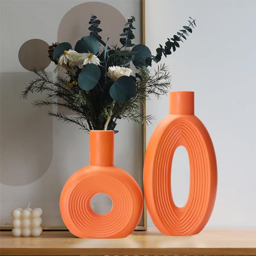 Ovale ausgehöhlte runde Vase rustikale Home Decor einfach skandinavischen böhmischen Stil, Keramik-Vase 2 Stück Set für Bücherregal, Kaminsims und Eingang dekorative Vase (Orange)