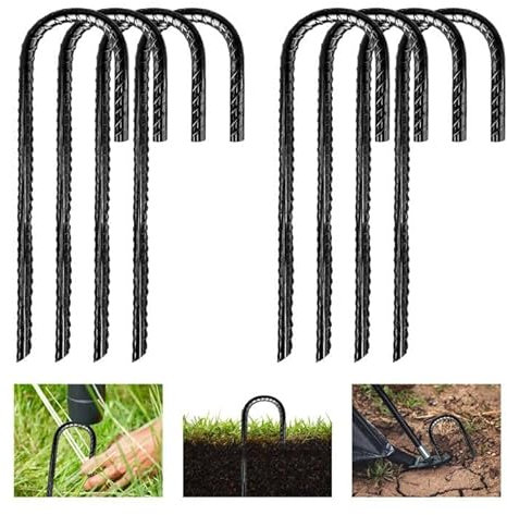 Ucandy 8 Pack Garden Rebar Stakes 3/8″ High Thick J Hook Heavy Duty Galvanized Steel Ground Anchors Chain Link Fence Stakes for Camping Tent, Trampoline(black)