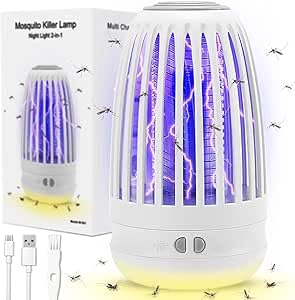 Mückenvernichter-Lampe, elektrischer Mückenvernichter, wiederaufladbarer Fliegenvernichter, tragbarer Insektenvernichter mit Nachtlicht, lockt Fliegende Insekten an für Camping im Innen Außenbereich