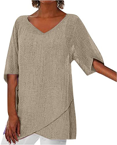Tallas Grandes Casual Camiseta Mujer,Media Manga Camisetas Mujer Verano de Mangas con Volantes Informal Camisetas de Cuello en Pico con Dobladillo Irregular Moda Color Sólido Blusas