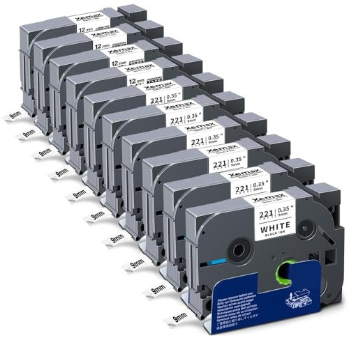 10x XemaX Etikettenband Kompatibel für Brother P-touch Bänder 9mm TZe-221 TZ-221 Schriftbänder Schwarz auf Weiß Etiketten Kassette für Brother P-Touch PT-1010 E110 H100R H110 H101C H108 E100 H100LB