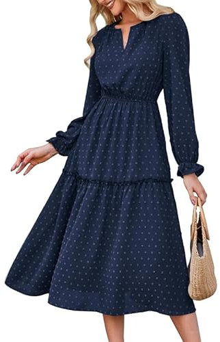 Cocktail Dresses For Women Uk, JASAMBAC Long Sleeve Dresses Semi Formal Dresses Casual Dress V Neck Vitange Dresses A Line Wedding Guest Dresses Swiss Dot Pleated Boho Flowy Dresses Midi Dress