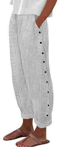 Damen 3/4 Leichte Sommerhose, Leinenhose Damen, Sommer 2025 Gestreift Lässig Elastisch Hohe Taille Gerades Bein Locker Boho Trendy Hose mit Taschen, Beige, XL