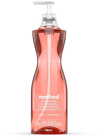 Method Liquide Vaisselle, Élimine la Graisse et la Saleté, Ingrédients d'Origine Naturelle, Parfum Pêche & Poivre Rose, Bouteille de 532ml