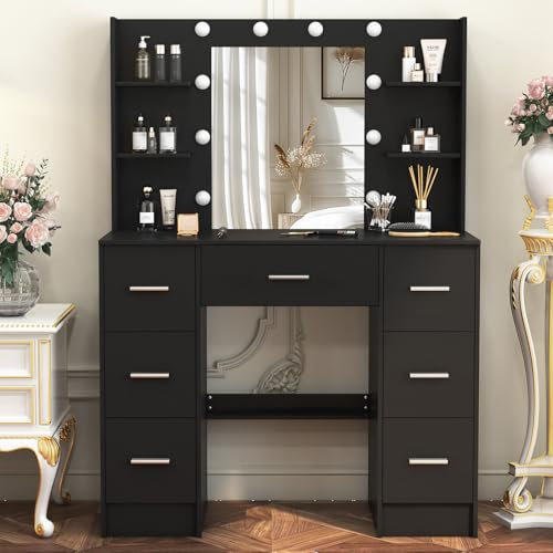 Large Dressing Table with LED Lights and Mirror, Vanity Makeup Table with 7 Drawers or Daughter, Adjustable Brightness, 3 Color Temperatures, 100x40x140 cm, Black