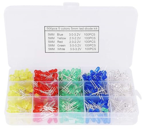 500 Stück 5MM LED Leuchtdioden, LED Dioden Sortiment Kit Rundkopf mit 5 Farbe, 2 Pin LEDs für Wissenschaftsprojekte, Schulen und Heimwerkerprojekte