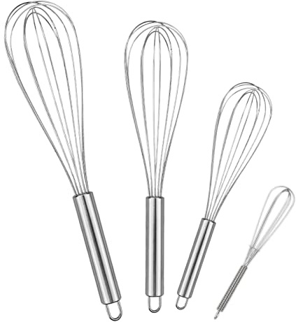 Set di 4 fruste da cucina in acciaio inox professionale 21 cm, 26 cm, 29 cm, frusta per miscelare, frullare l'impasto, uova, frusta per uova, schiumare e argento