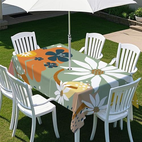Odot Regenschirm Tischdecke Outdoor, Außenbereich Wasserdicht Rechteckige Tischtuch mit Sonnenschirm Loch und Reißverschluss für Terrasse, Garten, Party,Patio, Pflanze Kunst (Grün,259x152cm)
