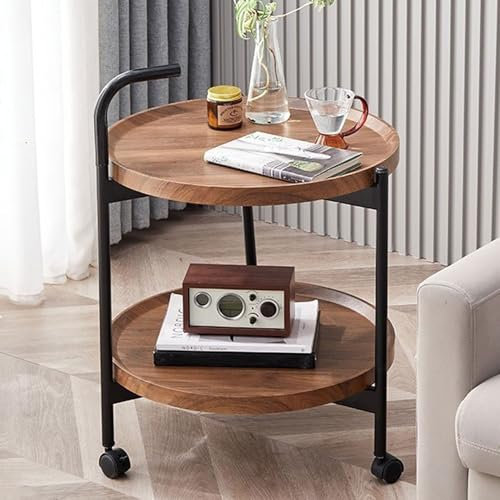 Yahbrra Couchtisch Klein Beistelltisch Rund Wohnzimmertisch: für Wohnzimmer Schlafzimmer Büro Küche Stauraum mit Rollen Feststellbar Einfacher Aufbau (Nussbaum, 63 * 45cm)