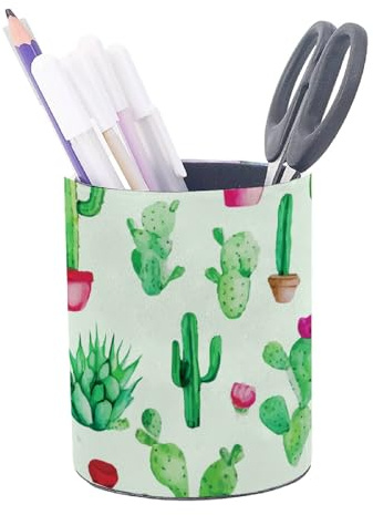 CRASPIRE Plant Cactus Pattern PVC Imitation Leather Pen Holder Women Cup Pencil Organizer Desk Plastic Round Desktop Box 3.94×3.15 inch Container Storage Office Home Decorative Pottubular Penrack
