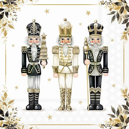 20 Servietten Weihnachten Nussknacker-Trio in schwarz-gold als Tischdeko. Papierservietten mit Motiv. Auch für Decoupage und Serviettentechnik 33x33cm