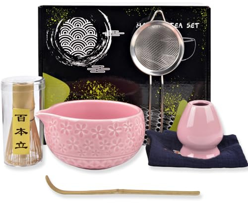 Rosa Matcha Tea Set - 7 Stück Matcha Sets Zubehör Mit Besebhalter Sieb Besen Whisk, Matchaset Mit Schale Löffel Chasen Halter Bambusbesen Matchabesen Ausgießer und Tasse für Barista Geschenkset