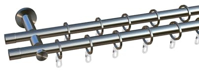 tilldekor Gardinenstange nach Maß, Andrax, 2-Lauf, Edelstahl-Optik 20 mm Durchmesser, Wunschmaßlänge 260 cm inkl. Trägern,Endstücken, Ringen und Faltenlegehaken