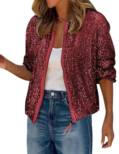 MINTLIMIT Damen Pailletten Jacke Langarm Reißverschluss Schimmer Rundhalsausschnitt Blazer Cocktail Party Mantel Glitzer Bomberjacke