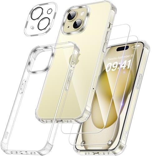 FLLAO 4 in 1 Handyhülle für iPhone 15 Plus Hülle mit 2 Schutzfolie und 1 KameraSchutz, Ultradünn Anti-Vergilbung Kristallklar HandyHülle Stoßfest Kratzfest Schutzhülle, Transparent