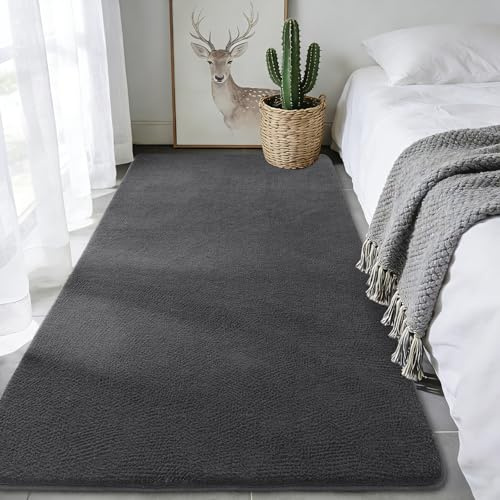 iEvery Läufer Schlafzimmer 80x150 - Waschbarer Kuscheliger Kurzflor Teppich Moderner Wohnzimmerteppich, Weich & Pflegeleicht Carpet rutschfest für Wohnzimmer Kinderzimmer Deko, Anthrazit