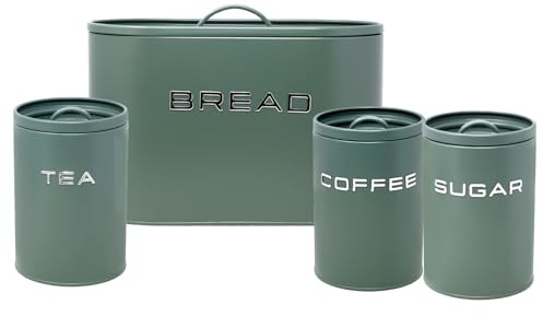 UNIQUE HOME LIVING 4-Piece Tea Coffee Sugar & Bread Bin Canister Set, Labelled Storage Tins, Metal Containers with Airtight Lids, Canisters for Kitchen Accessories and Essentials, Sage Green