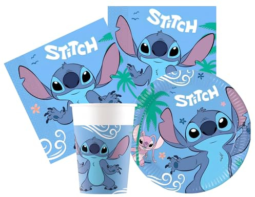 Kit Compleanno Tavola Stitch 16 persone (52 pezzi: 16 piatti 18cm, 16 bicchieri 200ml, 20 tovaglioli) in carta