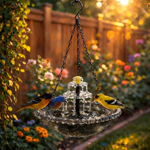 Solar Cascade Hanging Bird Bath Fountain - Solar Powered Birdbath With Water Pump | Outdoor Water Feature For Garden, Attracts Wild Birds, Hummingbirds, With Glass Basin