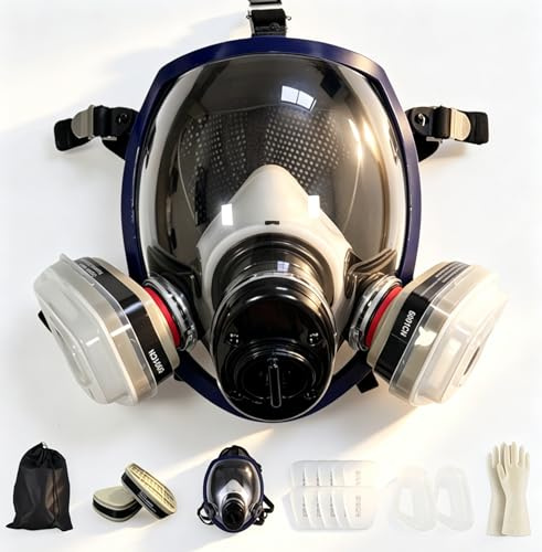 CERKAKITCH Atemschutzmaske Vollmaskemit mit 10 Filter,Vollgesichtsmaske Staubmaske Wiederverwendbare Staubschutzmaske für Schleifen Lackieren Polieren Feinstaub, Sprühen, Chemikalien, DIY (RM77)