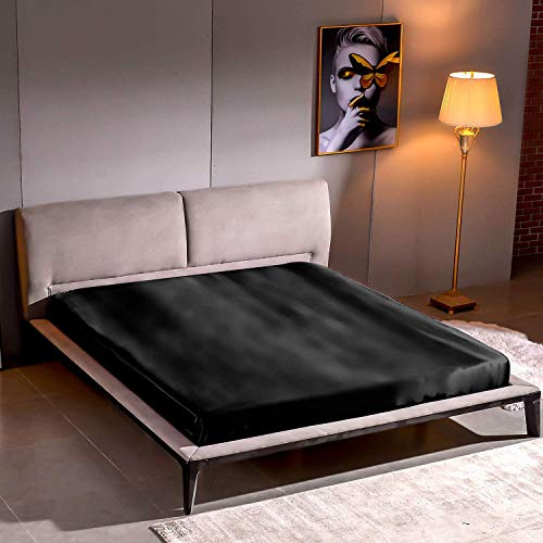THXSILK Spannbettlaken Seide Bettlaken 160x200, 100% Reine 22 Momme Maulbeerseide Bettwäsche Spannbetttuch, Schwarz Seiden Bettlaken für Standardmatratze 30cm