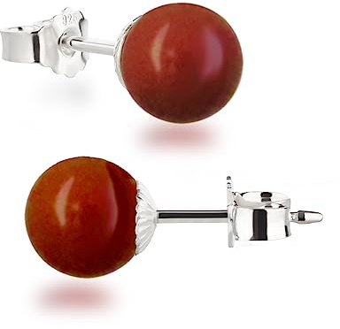 Schöner-SD Ohrringe Ohrstecker 925 Silber mit Perle rund Kugel 8mm koralle-rot