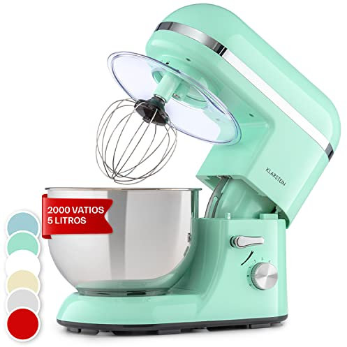 Klarstein Batidora Amasadora con Bol 5L para Hornear, Robot Cocina, Amasadora Reposteria 2000W, Gancho y Bol para Mezclar, Electrodomesticos Cocina Varillas Rotación Planetaria con 6 Velocidades