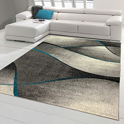 Teppich-Traum moderner Wohnzimmer Teppich Wellen Design in blau grau anthrazit - pflegeleicht & strapazierfähig (Ökotex) Größe 140x200 cm