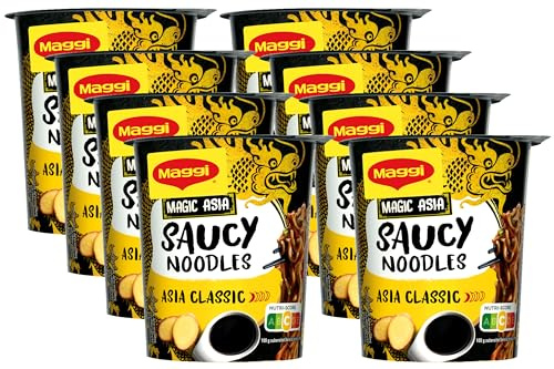 MAGGI Magic Asia Saucy Noodles Asia Classic Cup, 8er Pack (8 x 75g) | Leckeres Fertiggericht mit asiatischen Instant Nudeln in Soja-Ingwer-Sauce im praktischen Becher