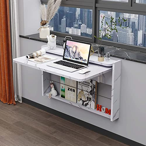 Desk Wall Mounted Folding Table Modern Wooden Wall-Mounted Folding Table with Storage Shelf, Space Saving Floating Fold Down with Marble Texture, for Study, Bedroom, Office