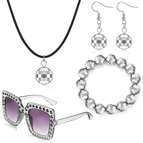 BBTO 4 Stück Discokugel Spiegelkugel Schmuck Set für Damen | Ohrringe Halskette Armband, Strass Sonnenbrille, Für Damen und Herren, Party und Karneval, 1970er Kostüm Zubehör