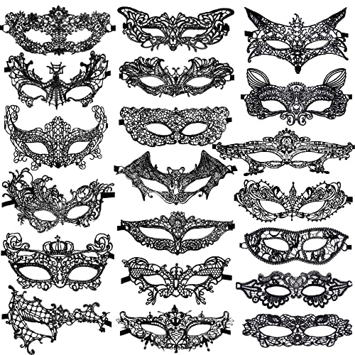 SIQUK 20 Stücke Venezianische Masken Spitze Maskerade Maske Frauen Spitzenmaske für Party Abend Ball Abschlussball Ballette, Schwarz