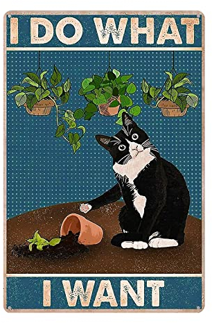 Pro-Noke Funny Black Cat Vintage Metal Tin Signs I Do What I Want Wall Bathroom Decor Lovely Cats Metal Poster Vintage Aluminum Sign (Flowerpot Cat)