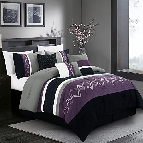 Chezmoi Collection Arden 7-teiliges Bettwäsche-Set mit Plissee-Streifen, Bestickt, Zickzack-Bettwäsche-Set (Queen, Violett/Schwarz/Grau/Weiß)