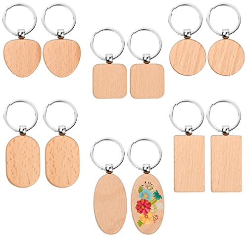 Holz Schlüsselanhänger, Schlüsselbund aus Naturholz, Blanko Holzanhänger Gravur DIY, Schlüssel Anhänger für Geschenk (12 Stücke, 6 Formen)